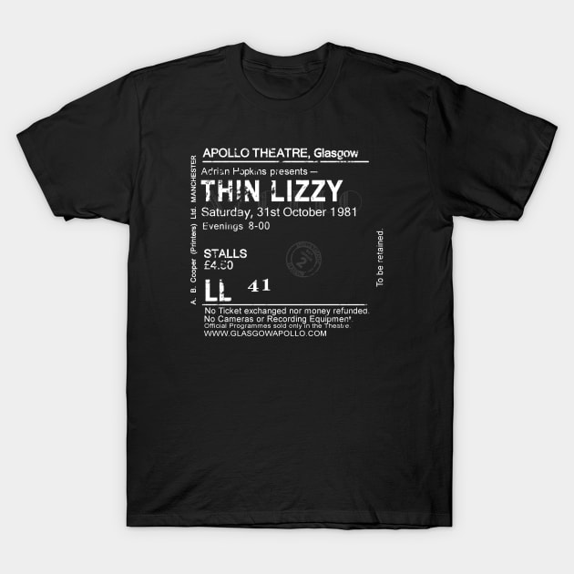 THIN LIZZY Saturday October the 31st 1981 (postponed until the 6th of December 1981 ) Glasgow Apollo UK Tour Ticket Repro T-Shirt by RockitTees